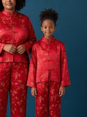 Vintage Palace Red Bamboo Print Asian Style Girls' Outfit Set Size 12